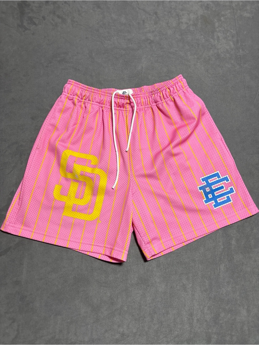 Eric Emanuel EE San Diego Padres Mesh Shorts Pink Yellow Pinstripe Size L